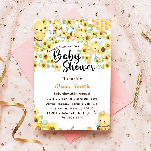 Watercolor Yellow Honey Sunflower Bee Baby Shower Invitation