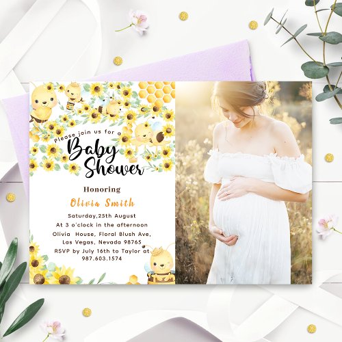 Watercolor Yellow Honey Sunflower Bee Baby Shower  Invitation