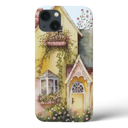 Watercolor yellow house flower boxes garden sweet iPhone 13 case