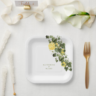 Watercolor Yellow Hydrangeas Names Wedding Paper Plates