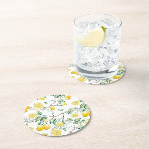 Watercolor Yellow Lemon and Green Leaves Round Paper Coaster