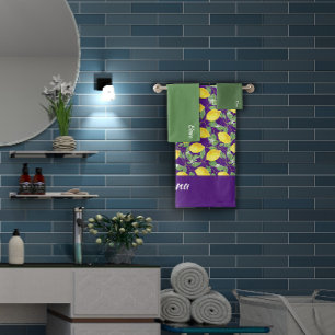 Watercolor yellow lemon green pattern name bath towel set