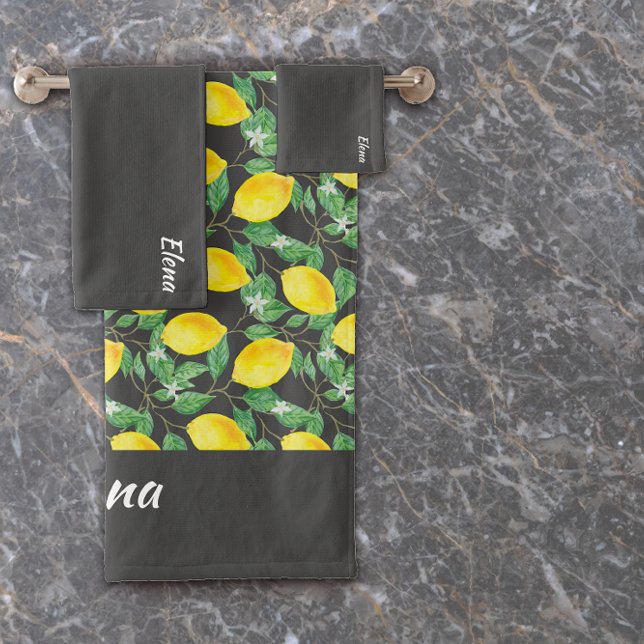 Watercolor yellow lemon grey pattern  name bath towel set (Creator Uploaded)