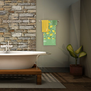 Watercolor yellow lemon pattern green leaf name bath towel set