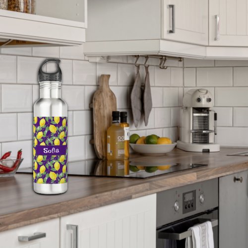 Watercolor yellow lemon pattern name purple stainless steel water bottle