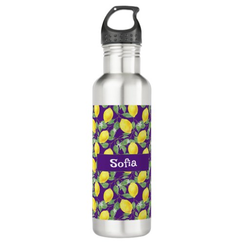 Watercolor yellow lemon pattern name purple stainless steel water bottle
