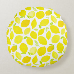 Watercolor Yellow Lemon Pattern Summer Round Pillow