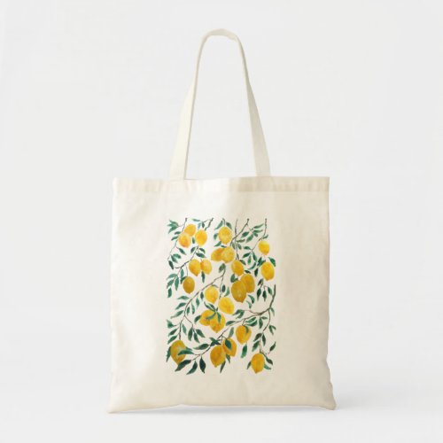 watercolor yellow lemon pattern tote bag