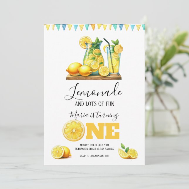 Watercolor Yellow Lemonade 1st Birthday Party Invitation (Standing Front)