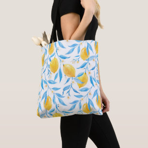 Watercolor Yellow Lemons and Blue Leaves Tote Bag