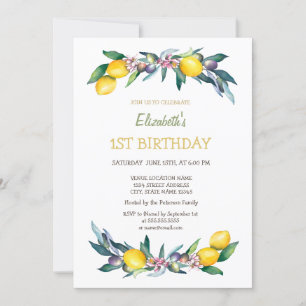 Watercolor Yellow Lemons Olives Birthday Invitation