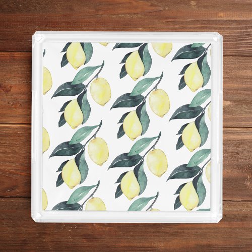 Watercolor Yellow Lemons Seamless Pattern Acrylic Tray