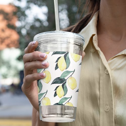 Watercolor Yellow Lemons Seamless Pattern Acrylic Tumbler