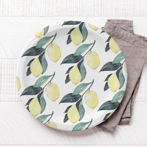 Watercolor Yellow Lemons Seamless Pattern Paper Plates