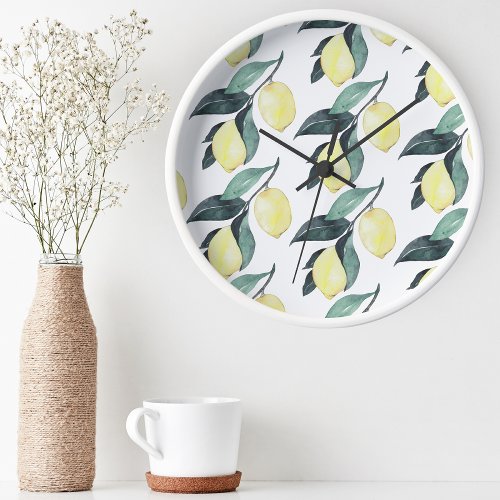 Watercolor Yellow Lemons Seamless Pattern Round Clock