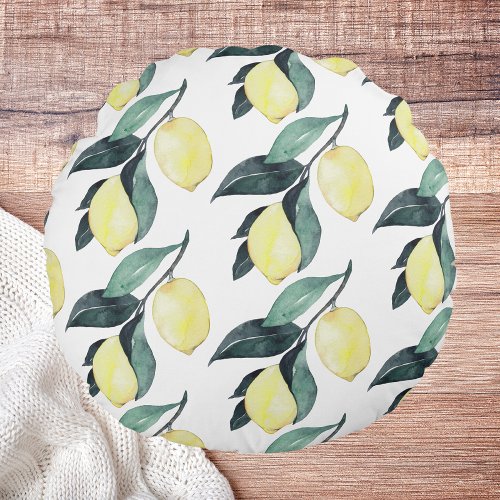 Watercolor Yellow Lemons Seamless Pattern Round Pillow