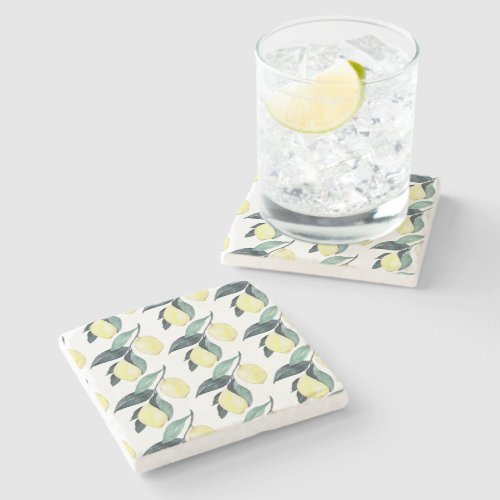 Watercolor Yellow Lemons Seamless Pattern Stone Coaster