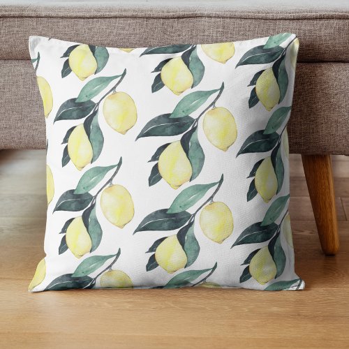 Watercolor Yellow Lemons Seamless Pattern Throw Pillow