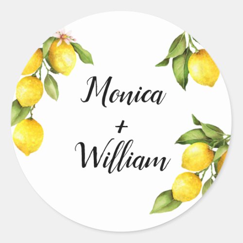 Watercolor Yellow Lemons with Greenery  Names Classic Round Sticker
