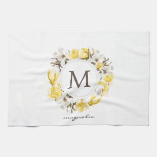 Watercolor Yellow Magnolia Wreath Monogram Kitchen Towel