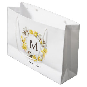 Watercolor Yellow Magnolia Wreath Monogram Large Gift Bag