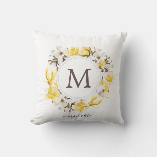Watercolor Yellow Magnolia Wreath Monogram Throw Pillow