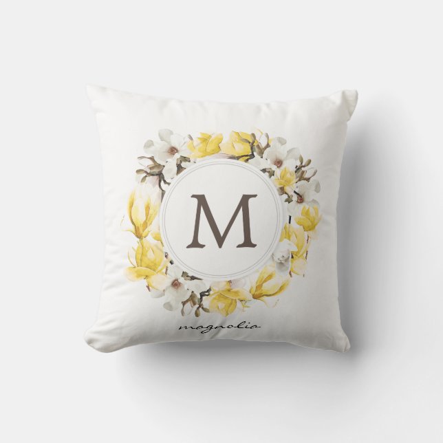 Watercolor Yellow Magnolia Wreath Monogram Throw Pillow (Front)