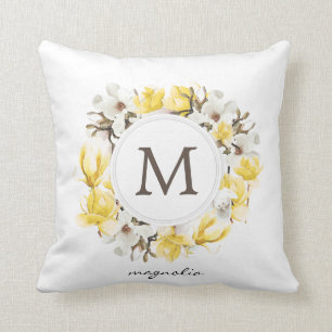 Watercolor Yellow Magnolia Wreath Monogram Throw Pillow