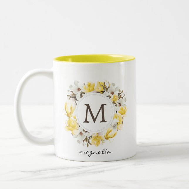 Watercolor Yellow Magnolia Wreath Monogram Two-Tone Coffee Mug (Left)