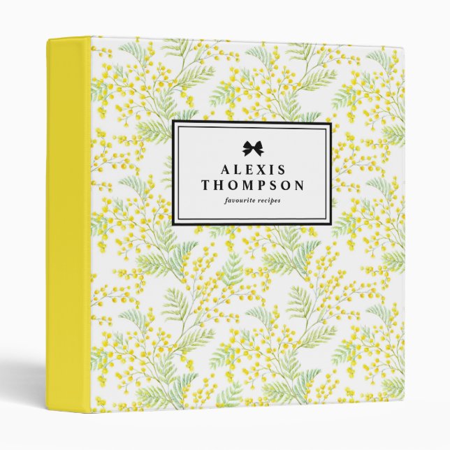 Watercolor Yellow Mimosa Floral Pattern 3 Ring Binder (Front/Spine)