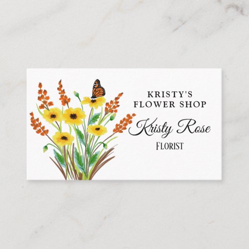 Watercolor Yellow Orange Flower Butterfly Business Card