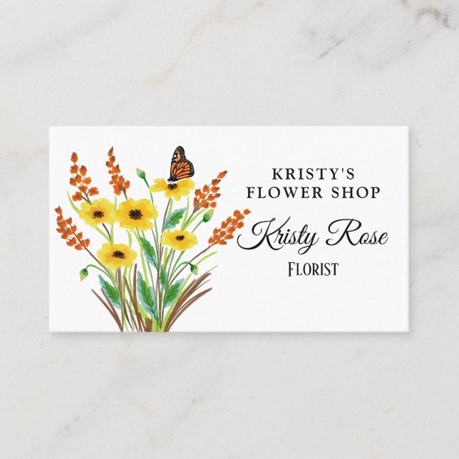 Watercolor Yellow Orange Flower Butterfly Business Card (Front)
