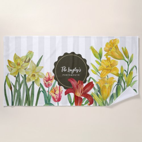 Watercolor Yellow Orange Spring Flowers Beach Towel