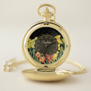 Watercolor Yellow Orange Spring Flowers Damask Pocket Watch
