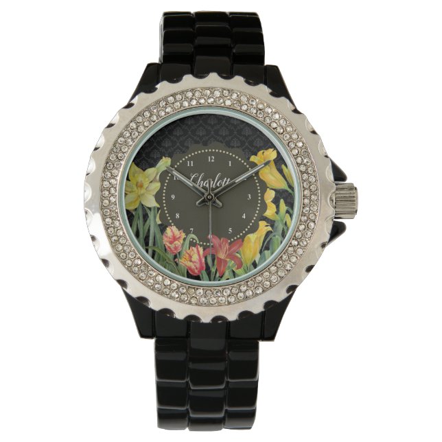 Watercolor Yellow Orange Spring Flowers Damask Watch (Front)