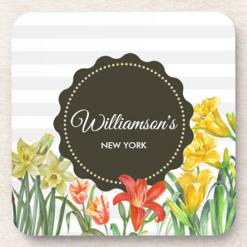 Watercolor Yellow Orange Spring Flowers Design Beverage Coaster