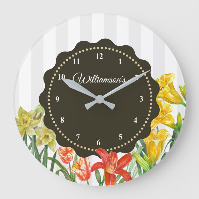 Watercolor Yellow Orange Spring Flowers Large Clock (Front)