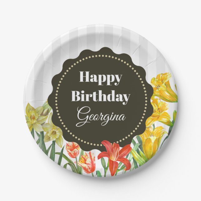 Watercolor Yellow Orange Spring Flowers Paper Plates (Front)