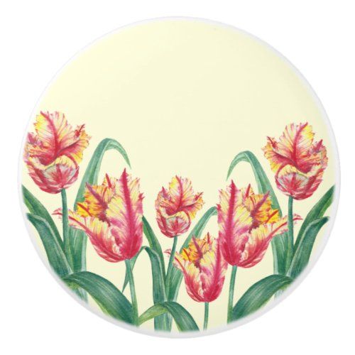 Watercolor Yellow Parrot Tulip Floral Illustration Ceramic Knob
