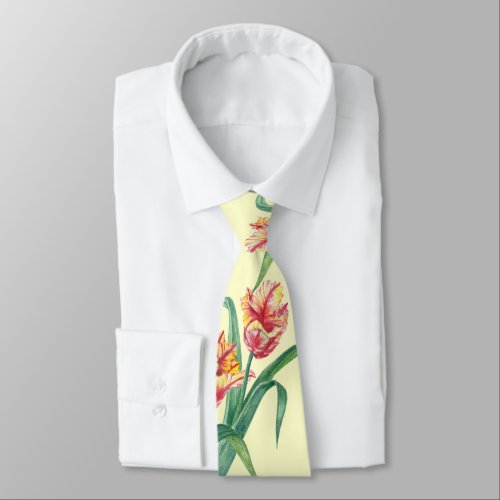 Watercolor Yellow Parrot Tulip Floral Illustration Neck Tie
