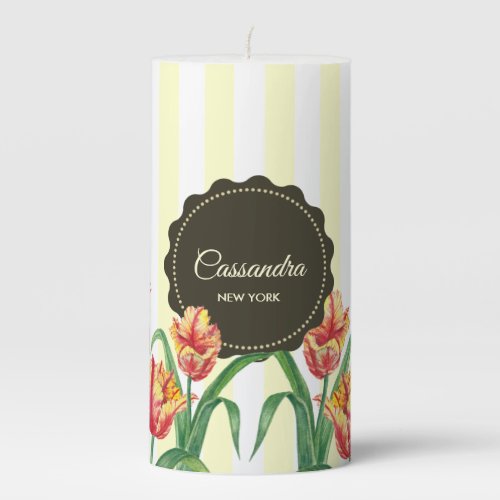 Watercolor Yellow Parrot Tulip Floral Illustration Pillar Candle
