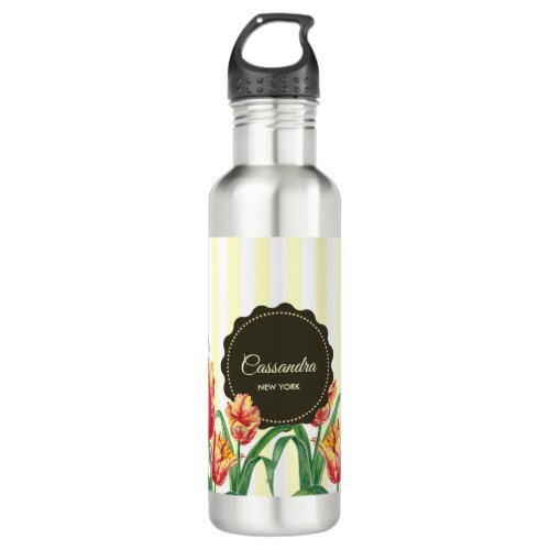 Watercolor Yellow Parrot Tulip Floral Illustration Stainless Steel Water Bottle