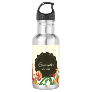 Watercolor Yellow Parrot Tulip Floral Illustration Stainless Steel Water Bottle