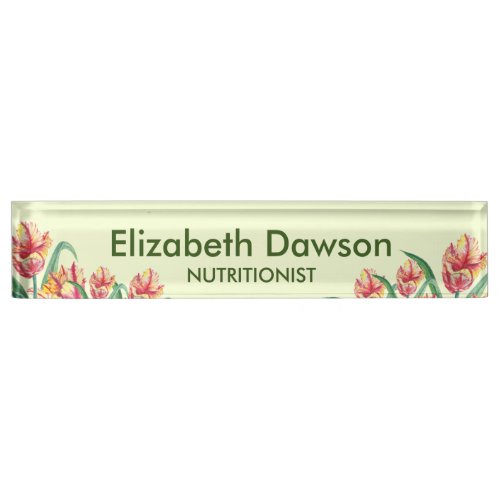 Watercolor Yellow Parrot Tulip Illustration Office Desk Name Plate