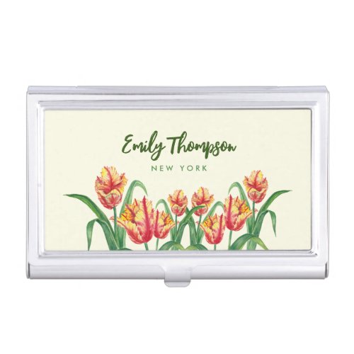 Watercolor Yellow Parrot Tulips Floral Art Business Card Case