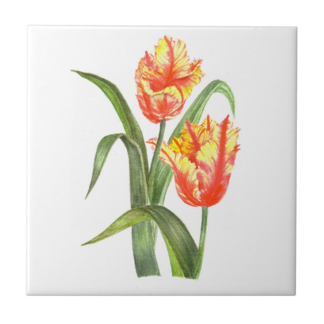 Watercolor Yellow Parrot Tulips Floral Art Ceramic Tile (Front)
