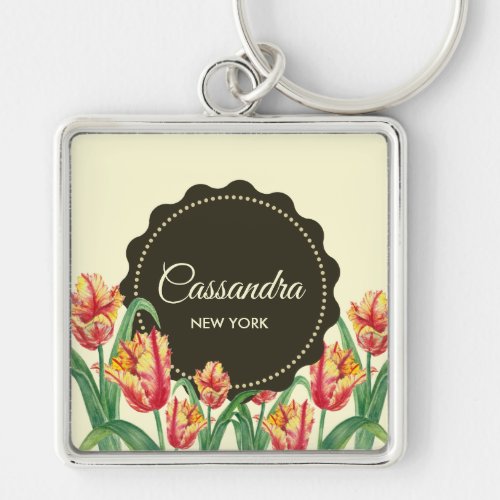 Watercolor Yellow Parrot Tulips Floral Art Keychain