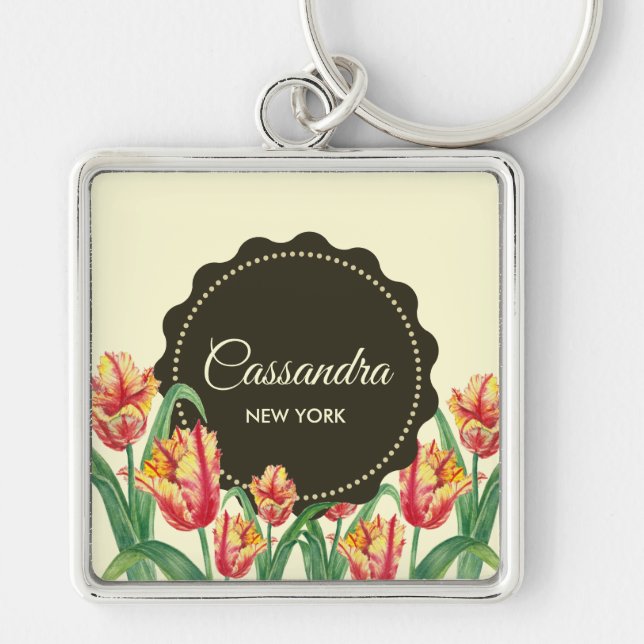 Watercolor Yellow Parrot Tulips Floral Art Keychain (Front)