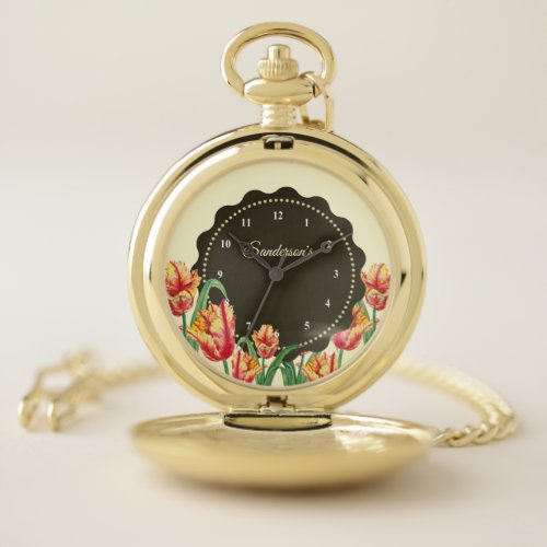 Watercolor Yellow Parrot Tulips Floral Art Pocket Watch
