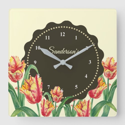 Watercolor Yellow Parrot Tulips Floral Art Square Wall Clock